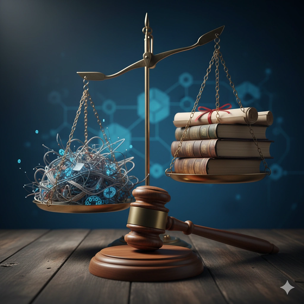 An image of a gavel and scales of justice, symbolizing regulatory challenges.